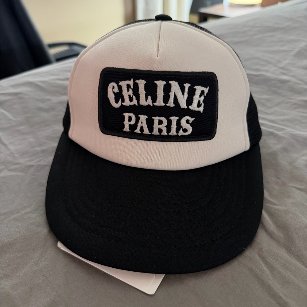 Celine Black & White Trucker Hat with Logo Tag